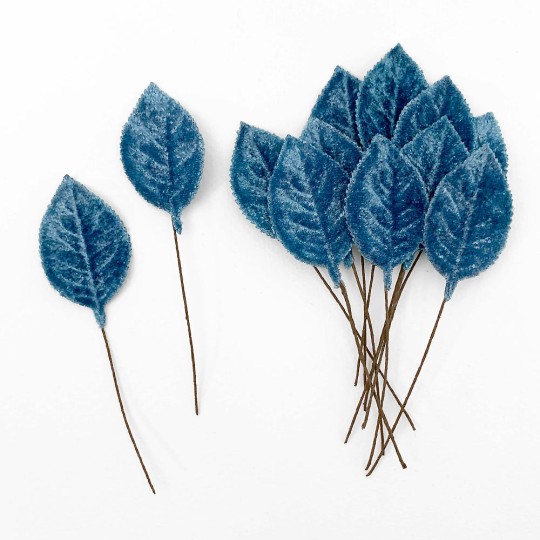 Set of 12 Velvet Rose Leaves ~ BLUE