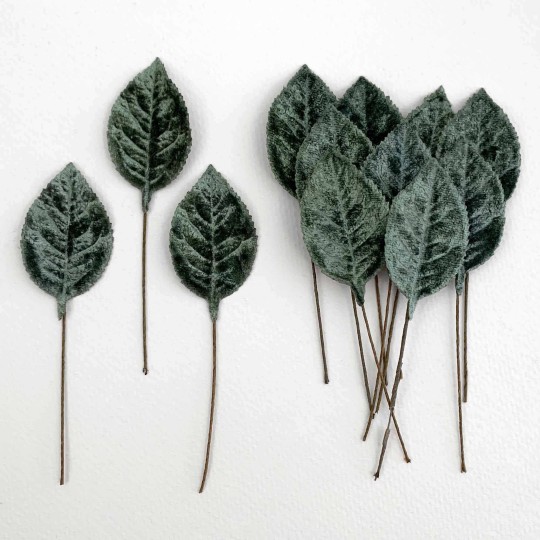 Set of 12 Velvet Rose Leaves ~ SAGE GREEN