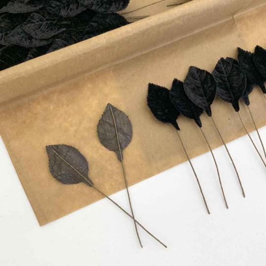 Set of 12 Petite Velvet Rose Leaves ~ BLACK