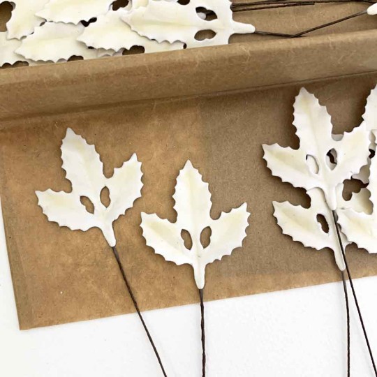 Lacquered Paper Holly Leaves ~ Cream ~ Bundle of 12 Retro Craft Leaves