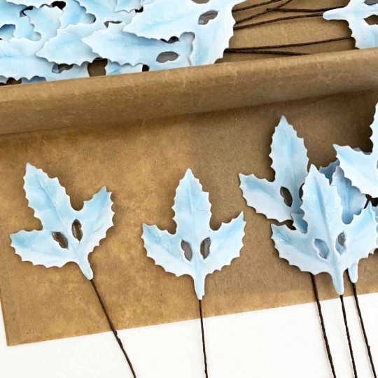Lacquered Paper Holly Leaves ~ Light Blue ~ Bundle of 12 Retro Craft Leaves
