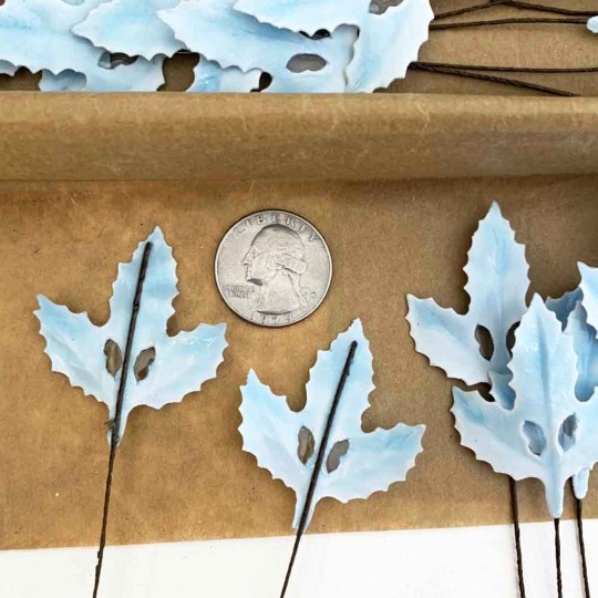 Lacquered Paper Holly Leaves ~ Light Blue ~ Bundle of 12 Retro Craft Leaves