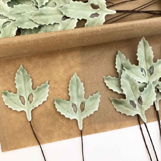 Lacquered Paper Holly Leaves ~ Sage Green ~ Bundle of 12 Retro Craft Leaves