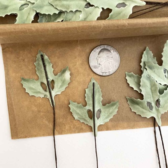 Lacquered Paper Holly Leaves ~ Sage Green ~ Bundle of 12 Retro Craft Leaves