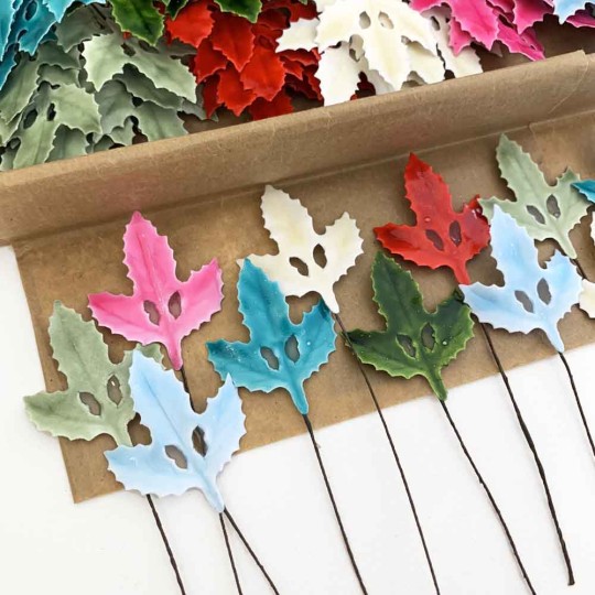 Lacquered Paper Holly Leaves ~ Mixed Colors ~ Bundle of 14 Retro Craft Picks