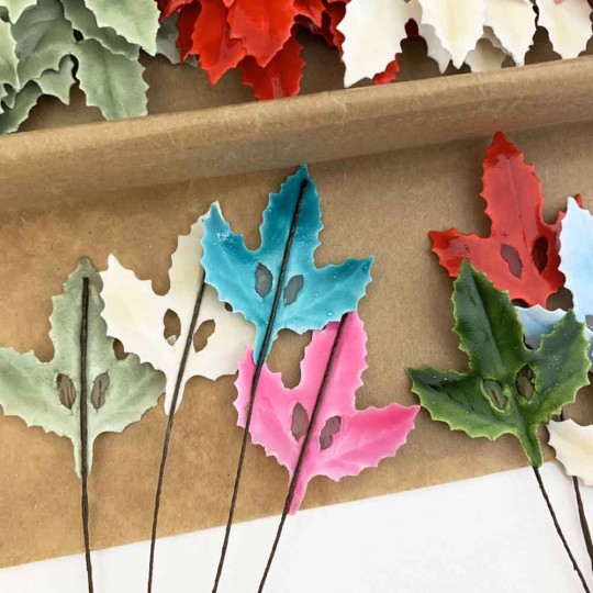 Lacquered Paper Holly Leaves ~ Mixed Colors ~ Bundle of 14 Retro Craft Picks