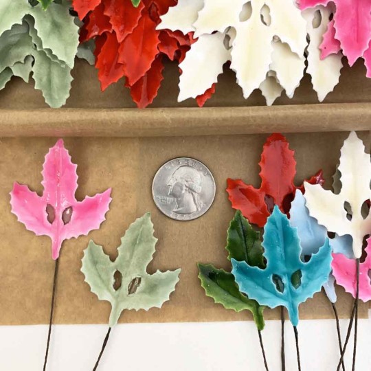 Lacquered Paper Holly Leaves ~ Mixed Colors ~ Bundle of 14 Retro Craft Picks