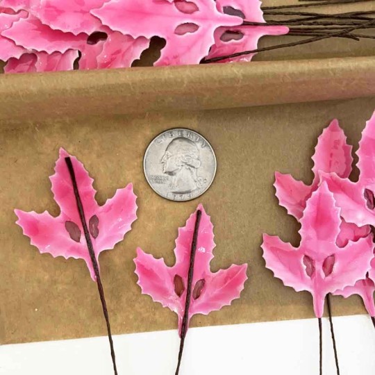 Lacquered Paper Holly Leaves ~ Pink ~ Bundle of 12 Retro Craft Leaves