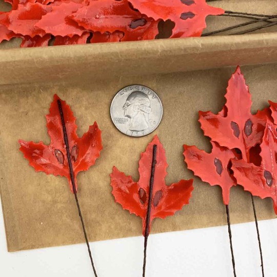 Lacquered Paper Holly Leaves ~ Red ~ Bundle of 12 Retro Craft Leaves