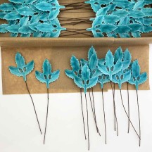 Lacquered Paper Holly Leaves ~ Teal Blue ~ Bundle of 12 Retro Craft Leaves