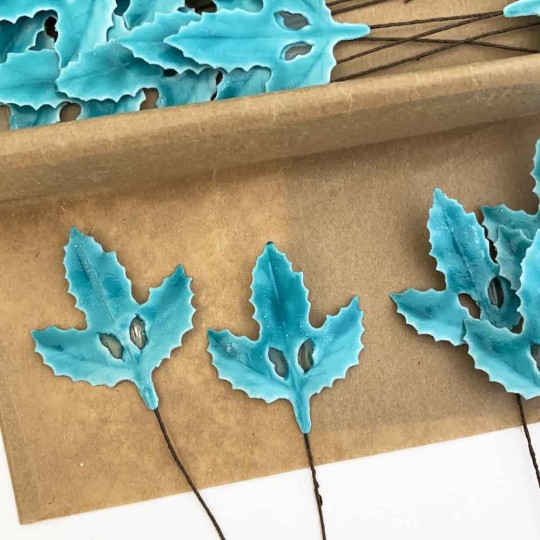 Lacquered Paper Holly Leaves ~ Teal Blue ~ Bundle of 12 Retro Craft Leaves