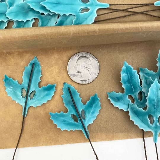 Lacquered Paper Holly Leaves ~ Teal Blue ~ Bundle of 12 Retro Craft Leaves