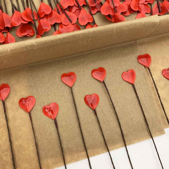 Tiny Lacquered Red Paper Hearts ~ Bundle of 12 Retro Craft Picks