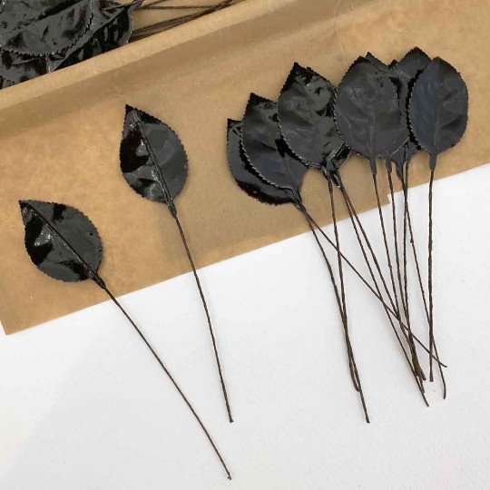 Black Lacquered Paper Rose Leaves ~ Bundle of 12 Old Fashioned Craft Leaves