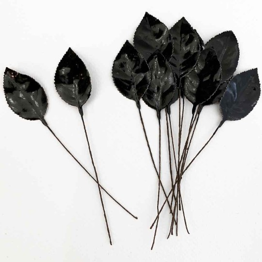 Black Lacquered Paper Rose Leaves ~ Bundle of 12 Old Fashioned Craft Leaves