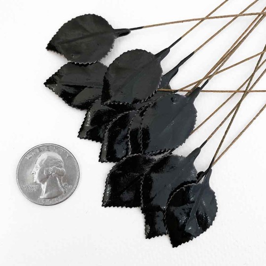 Black Lacquered Paper Petite Rose Leaves ~ Bundle of 12 Old Fashioned Craft Leaves