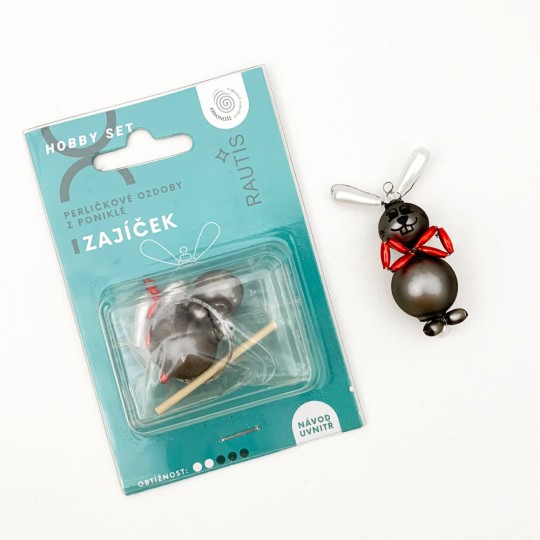 Glass Bead Ornament DIY Project Kit ~ Grey Bunny with Red Bow ~ Czech Instructions