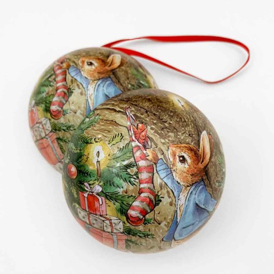 Peter Rabbit Christmas Bauble Ornament Gift Tin ~ 2-3/4" across ~ PETER WITH STOCKING