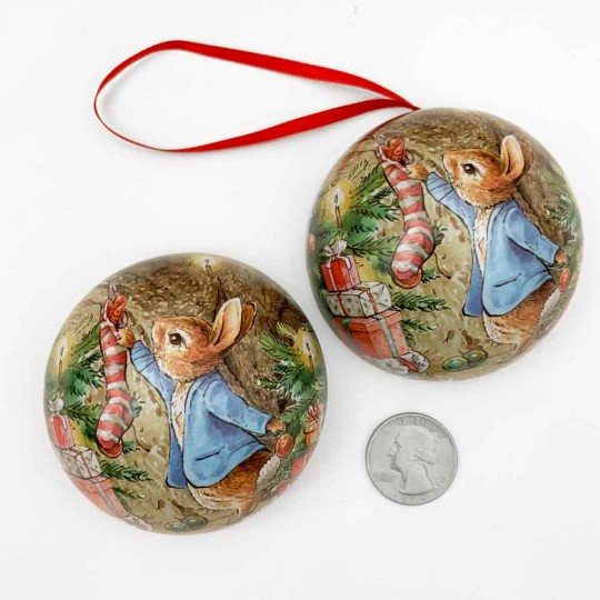 Peter Rabbit Christmas Bauble Ornament Gift Tin ~ 2-3/4" across ~ PETER WITH STOCKING