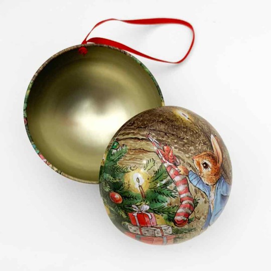 Peter Rabbit Christmas Bauble Ornament Gift Tin ~ 2-3/4" across ~ PETER WITH STOCKING