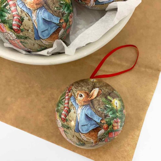 Peter Rabbit Christmas Bauble Ornament Gift Tin ~ 2-3/4" across ~ PETER WITH STOCKING