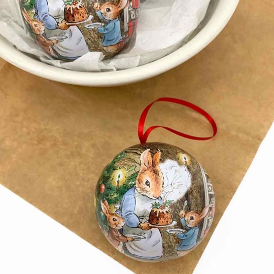 Peter Rabbit Christmas Bauble Ornament Gift Tin ~ 2-3/4" across ~ CHRISTMAS PUDDING