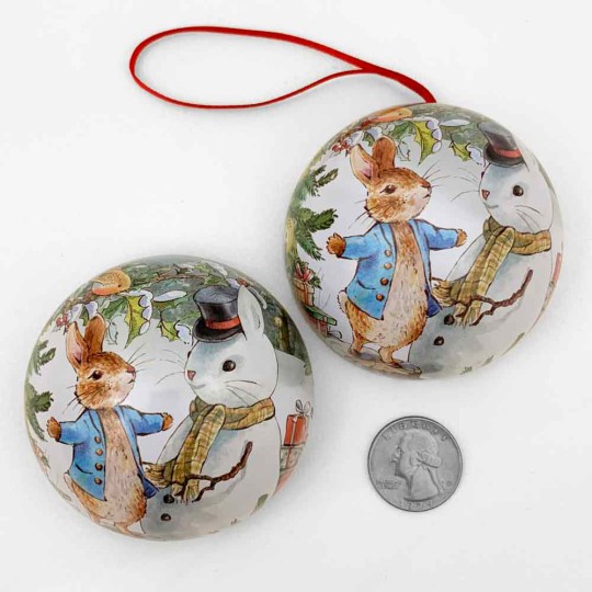 Peter Rabbit Christmas Bauble Ornament Gift Tin ~ 2-3/4" across ~ PETER AND SNOWBUNNY