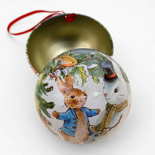 Peter Rabbit Christmas Bauble Ornament Gift Tin ~ 2-3/4" across ~ PETER AND SNOWBUNNY