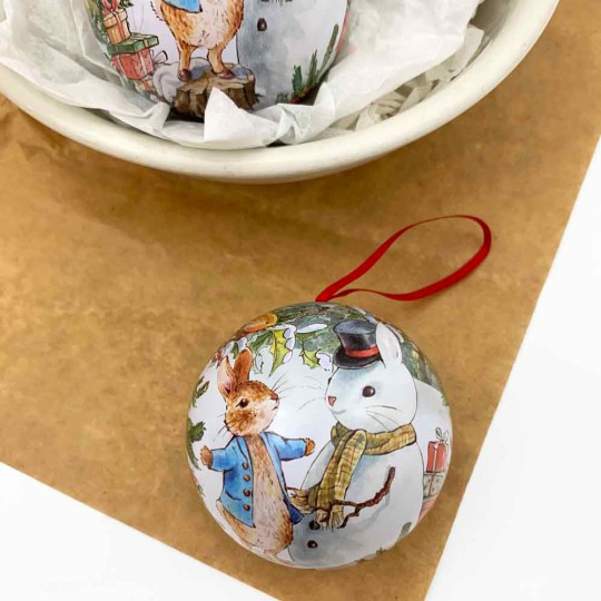 Peter Rabbit Christmas Bauble Ornament Gift Tin ~ 2-3/4" across ~ PETER AND SNOWBUNNY