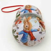 Peter Rabbit Christmas Bauble Ornament Gift Tin ~ 2-3/4" across ~ PETER ICE SKATING