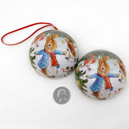 Peter Rabbit Christmas Bauble Ornament Gift Tin ~ 2-3/4" across ~ PETER ICE SKATING