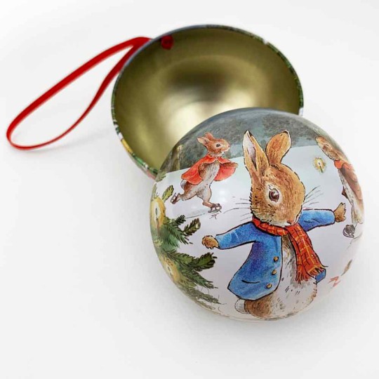 Peter Rabbit Christmas Bauble Ornament Gift Tin ~ 2-3/4" across ~ PETER ICE SKATING