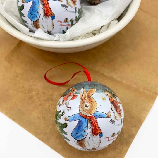 Peter Rabbit Christmas Bauble Ornament Gift Tin ~ 2-3/4" across ~ PETER ICE SKATING