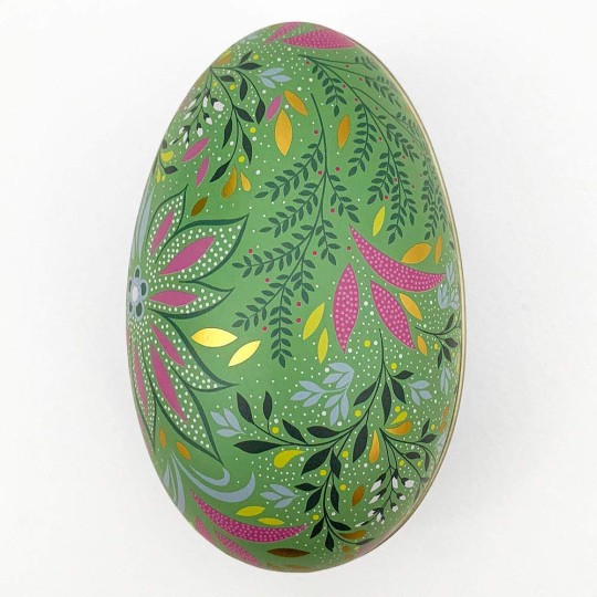 Green Fancy Floral Metal Easter Egg Tin ~ 4-1/4" tall