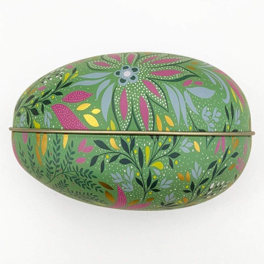 Green Fancy Floral Metal Easter Egg Tin ~ 4-1/4" tall