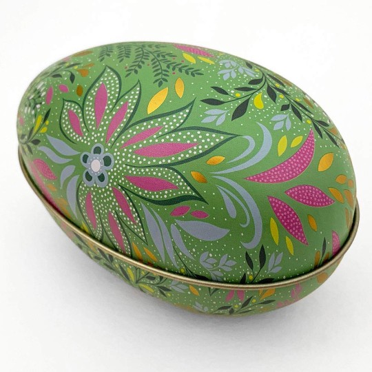 Green Fancy Floral Metal Easter Egg Tin ~ 4-1/4" tall