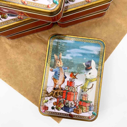 Peter Rabbit Christmas Tin ~ 5-5/8" x 4" ~ Snowman Bunny with Peter and Gifts