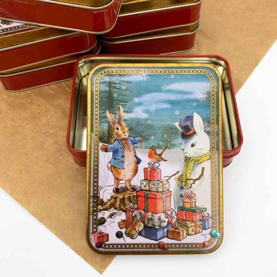 Peter Rabbit Christmas Tin ~ 5-5/8" x 4" ~ Snowman Bunny with Peter and Gifts