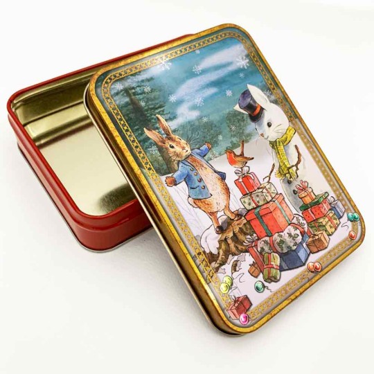 Peter Rabbit Christmas Tin ~ 5-5/8" x 4" ~ Snowman Bunny with Peter and Gifts