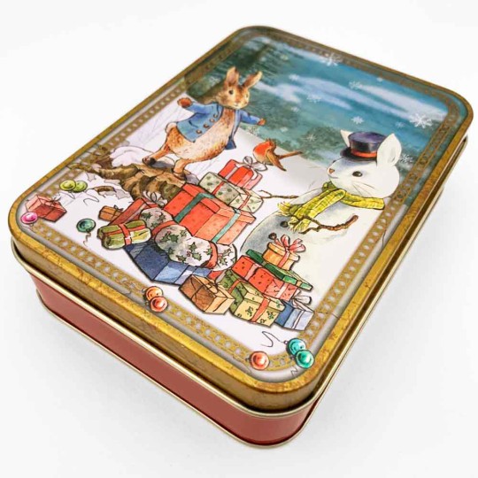 Peter Rabbit Christmas Tin ~ 5-5/8" x 4" ~ Snowman Bunny with Peter and Gifts