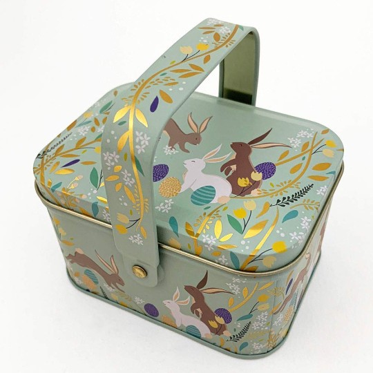 Mint Easter Basket Tin with Bunny with Flowers ~ 4-1/4 x 3-1/8"