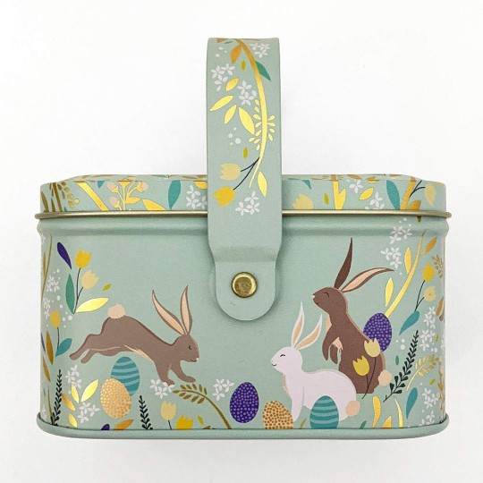 Mint Easter Basket Tin with Bunny with Flowers ~ 4-1/4 x 3-1/8"