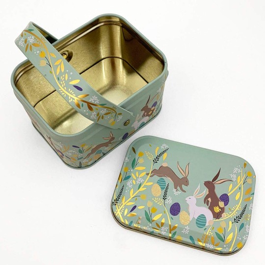 Mint Easter Basket Tin with Bunny with Flowers ~ 4-1/4 x 3-1/8"