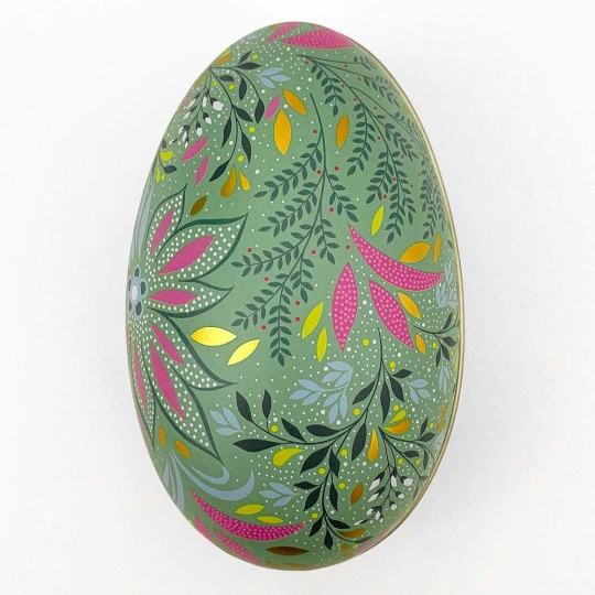 Green Fancy Floral Metal Easter Egg Tin ~ 4-1/4" tall