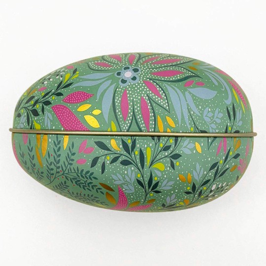 Green Fancy Floral Metal Easter Egg Tin ~ 4-1/4" tall