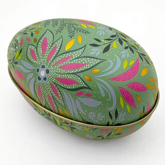 Green Fancy Floral Metal Easter Egg Tin ~ 4-1/4" tall