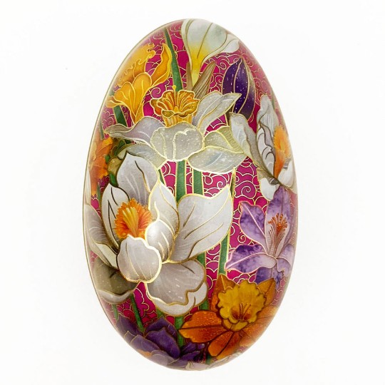 Crocus on Pink Faux Cloisonne Metal Easter Egg Tin ~ 4-1/4" tall