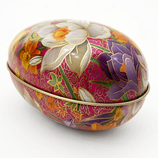 Crocus on Pink Faux Cloisonne Metal Easter Egg Tin ~ 4-1/4" tall