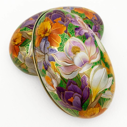 Crocus on Green Faux Cloisonne Metal Easter Egg Tin ~ 4-1/4" tall