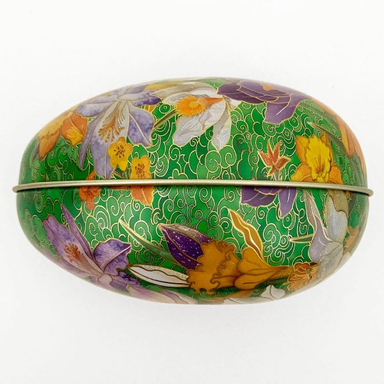 Crocus on Green Faux Cloisonne Metal Easter Egg Tin ~ 4-1/4" tall